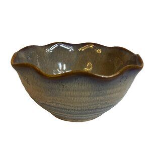 Unsigned Glazed Studio Pottery Bowl Scalloped Ribbed Brown Blue Red Swirl